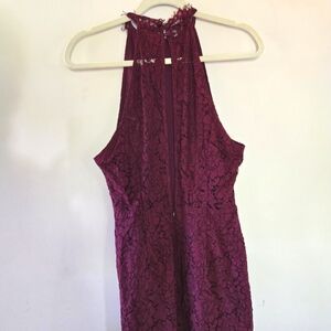 BB Dakota Lace Dress Cara Burgundy High Neck Scalloped Eyelash